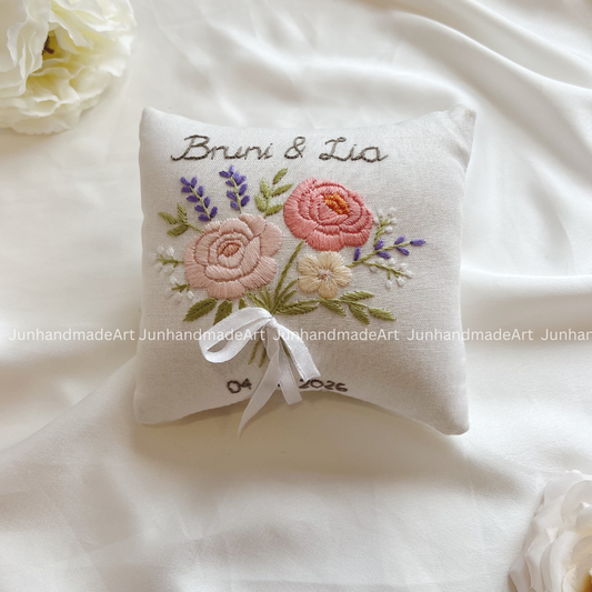 Magical Roses Bearer Pillow Linen Wedding Cushion Hand Embroidery Ring Holder Floral Ring Pillow Wedding Gift