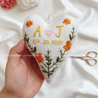 Delightful Flower Heart Ornament – Hand Embroidered Linen Floral Ornament – Custom Decoration