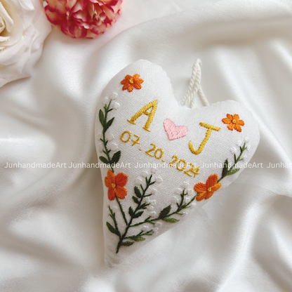 Delightful Flower Heart Ornament – Hand Embroidered Linen Floral Ornament – Custom Decoration