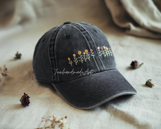 Embroidered Flower Hat – Vintage Washed Baseball Cap, Floral Cotton Hat, Soft Aesthetic Gift for Her