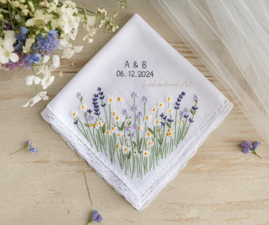 Embroidered Wedding Handkerchief – Custom Floral Hankie for Bride, Bridal Gift, Personalized with Name & Date, Gift for Bride