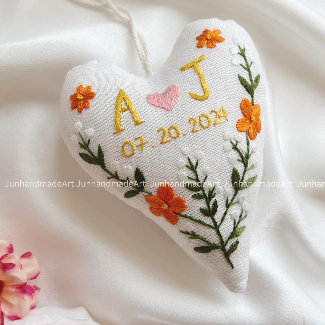Delightful Flower Heart Ornament – Hand Embroidered Linen Floral Ornament – Custom Decoration