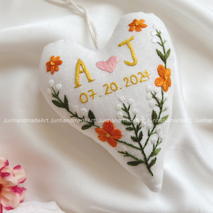 Delightful Flower Heart Ornament – Hand Embroidered Linen Floral Ornament – Custom Decoration