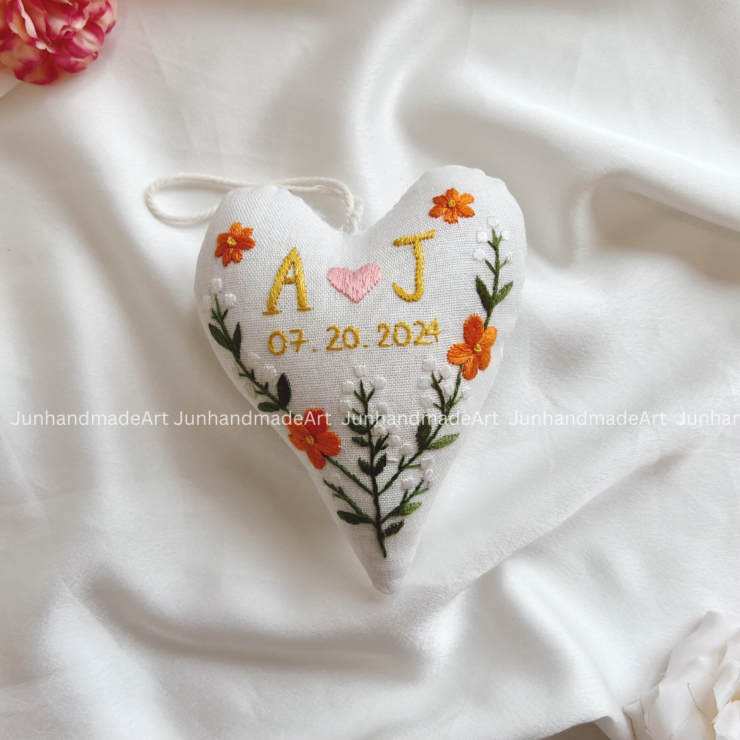 Delightful Flower Heart Ornament – Hand Embroidered Linen Floral Ornament – Custom Decoration