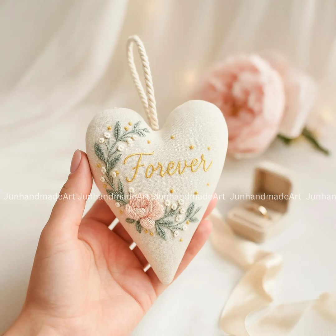 Sophisticated Roses Wedding Heart Ornament – Hand Embroidered Linen Floral Ornament with Names & Date – Custom Wedding Christmas Gift Decoration