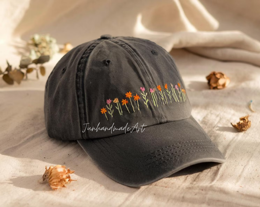 Embroidered Flower Hat – Vintage Washed Baseball Cap, Floral Cotton Hat, Soft Aesthetic Gift for Her