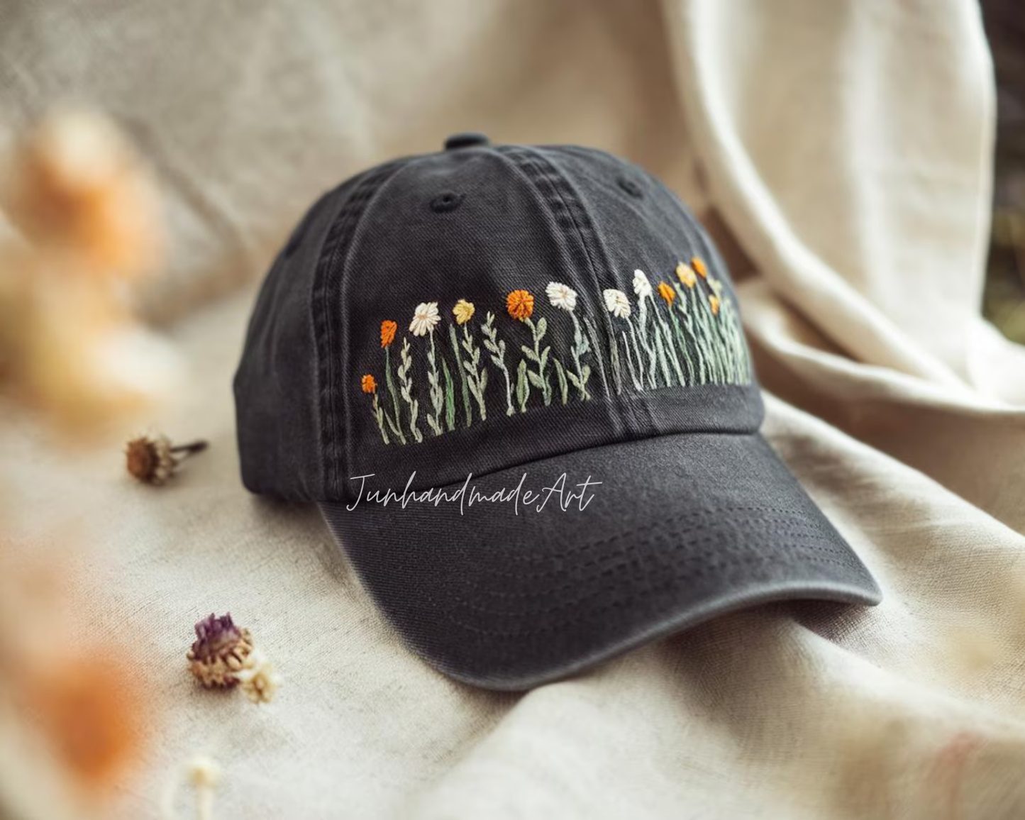 Embroidered Flower Hat – Vintage Washed Baseball Cap, Floral Cotton Hat, Soft Aesthetic Gift for Her