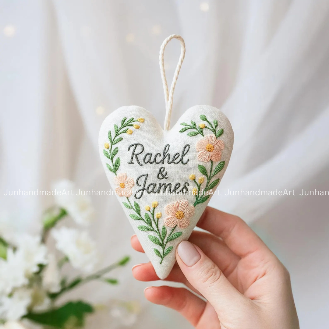 Wild Flowers Wedding Heart Ornament – Hand Embroidered Linen Floral Ornament with Names & Date – Custom Wedding Christmas Gift Decoration