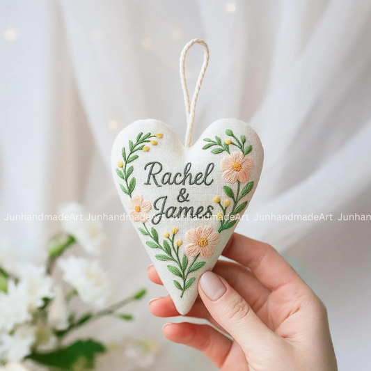 Wild Flowers Wedding Heart Ornament – Hand Embroidered Linen Floral Ornament with Names & Date – Custom Wedding Christmas Gift Decoration
