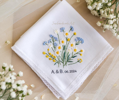 Embroidered Wedding Handkerchief – Custom Floral Hankie for Bride, Bridal Gift, Personalized with Name & Date, Gift for Bride