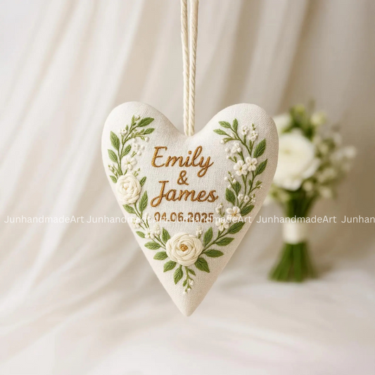 White Flower Wreath Wedding Heart Ornament – Hand Embroidered Linen Floral Ornament with Names & Date – Custom Wedding Christmas Gift Decoration