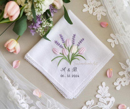 Embroidered Wedding Handkerchief – Custom Floral Hankie for Bride, Bridal Gift, Personalized with Name & Date, Gift for Bride
