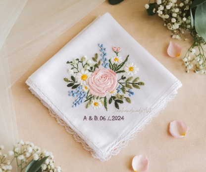 Embroidered Wedding Handkerchief – Custom Floral Hankie for Bride, Bridal Gift, Personalized with Name & Date, Gift for Bride