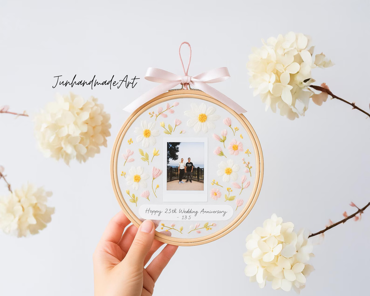 Custom Wedding Embroidery Transparent Hoop with Flowers and Photo – Personalized Hand Embroidered Wildflowers Gift for Couple, Wedding Gift
