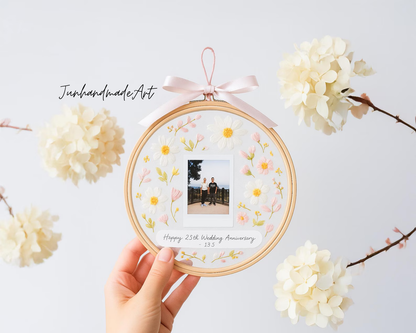 Custom Wedding Embroidery Transparent Hoop with Flowers and Photo – Personalized Hand Embroidered Wildflowers Gift for Couple, Wedding Gift