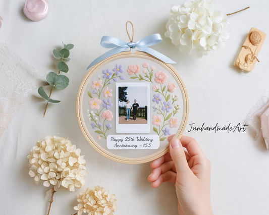 Custom Wedding Embroidery Transparent Hoop with Flowers and Photo – Personalized Hand Embroidered Wildflowers Gift for Couple, Wedding Gift