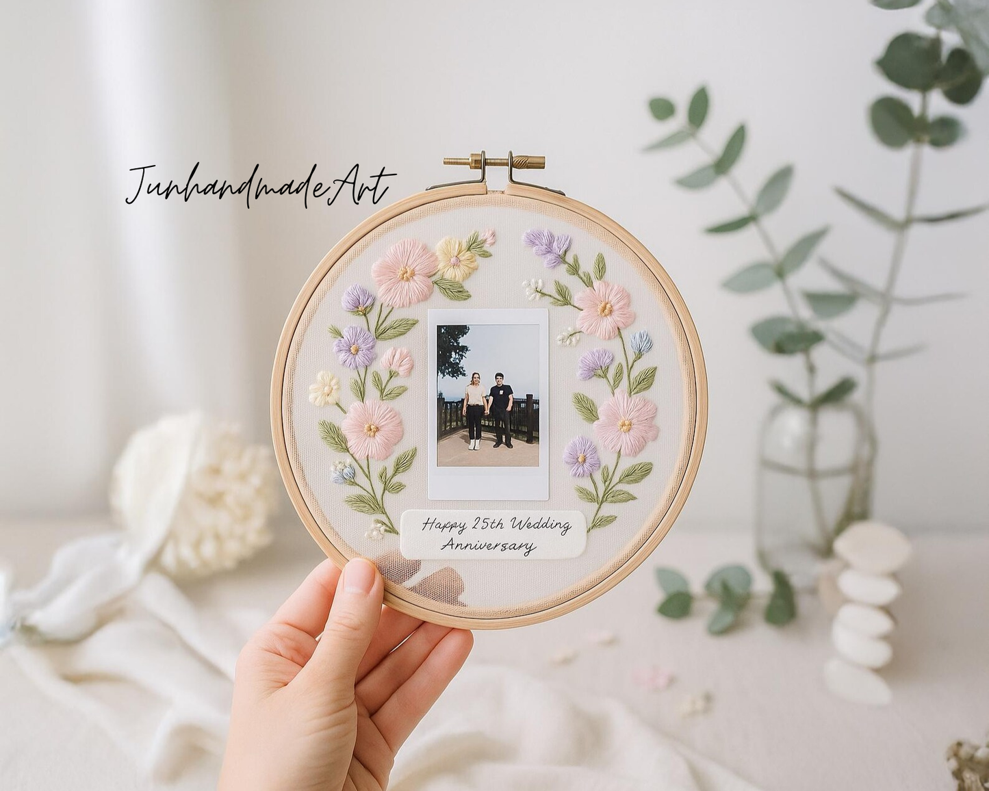 Custom Wedding Embroidery Transparent Hoop with Flowers and Photo – Personalized Hand Embroidered Wildflowers Gift for Couple, Wedding Gift