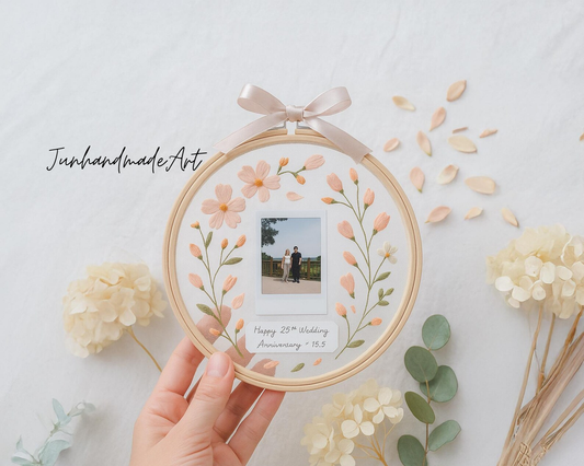 Custom Wedding Embroidery Transparent Hoop with Flowers and Photo – Personalized Hand Embroidered Wildflowers Gift for Couple, Wedding Gift