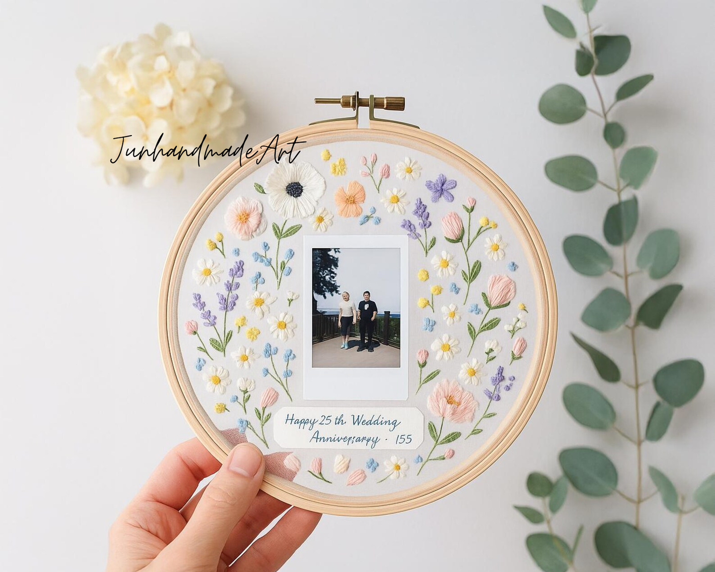 Custom Wedding Embroidery Transparent Hoop with Flowers and Photo – Personalized Hand Embroidered Wildflowers Gift for Couple, Wedding Gift