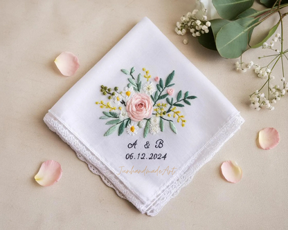 Embroidered Wedding Handkerchief – Custom Floral Hankie for Bride, Bridal Gift, Personalized with Name & Date, Gift for Bride
