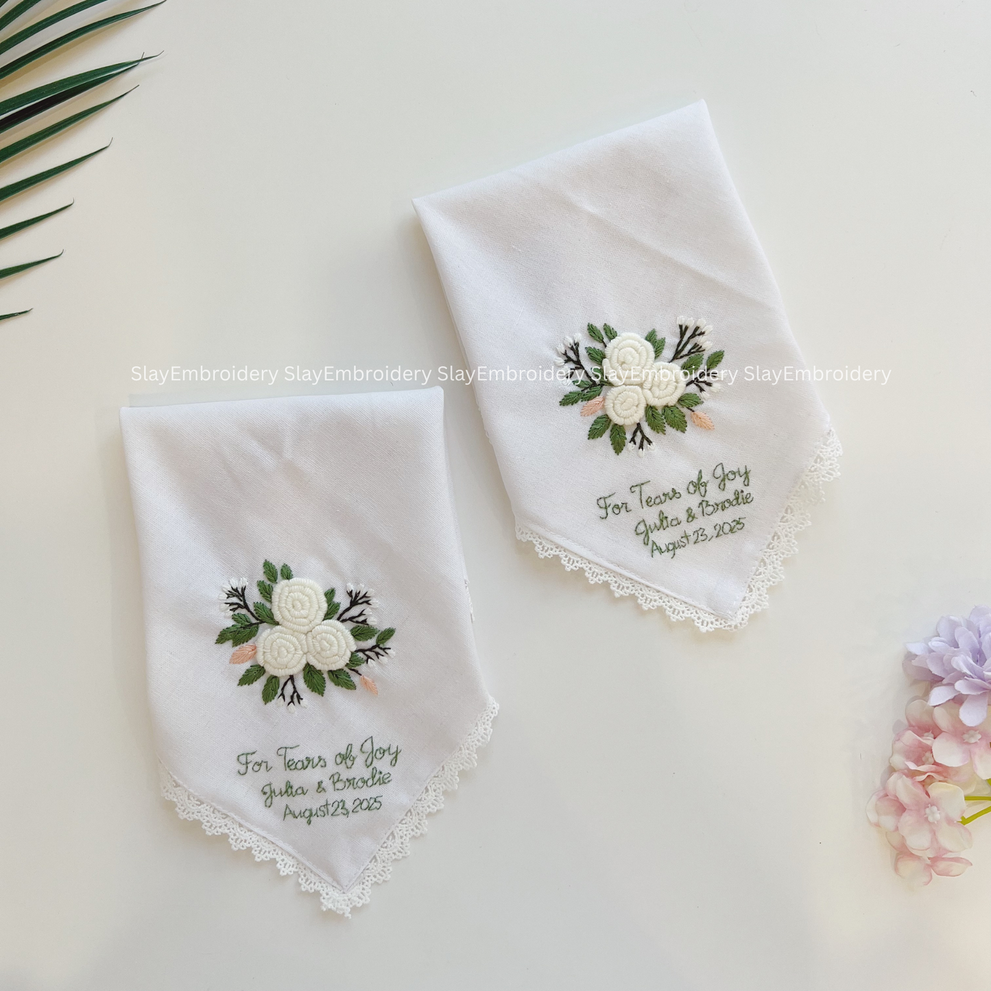 White Rose Garden Wedding Handkerchief, Custom Embroidered Handkerchief, Linen Handkerchiefs