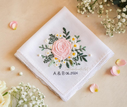 Embroidered Wedding Handkerchief – Custom Floral Hankie for Bride, Bridal Gift, Personalized with Name & Date, Gift for Bride