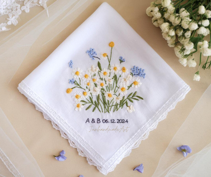 Embroidered Wedding Handkerchief – Custom Floral Hankie for Bride, Bridal Gift, Personalized with Name & Date, Gift for Bride
