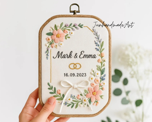 Custom Wedding Embroidery Hoop with Flowers and Names – Personalized Hand Embroidered Wildflowers Gift for Couple, Wedding Gift