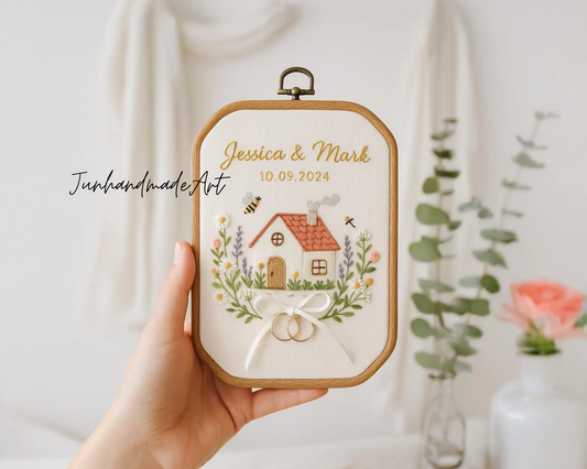 Custom Wedding Embroidery Hoop with Flowers and House – Personalized Hand Embroidered Wildflowers Gift for Couple, Wedding Gift