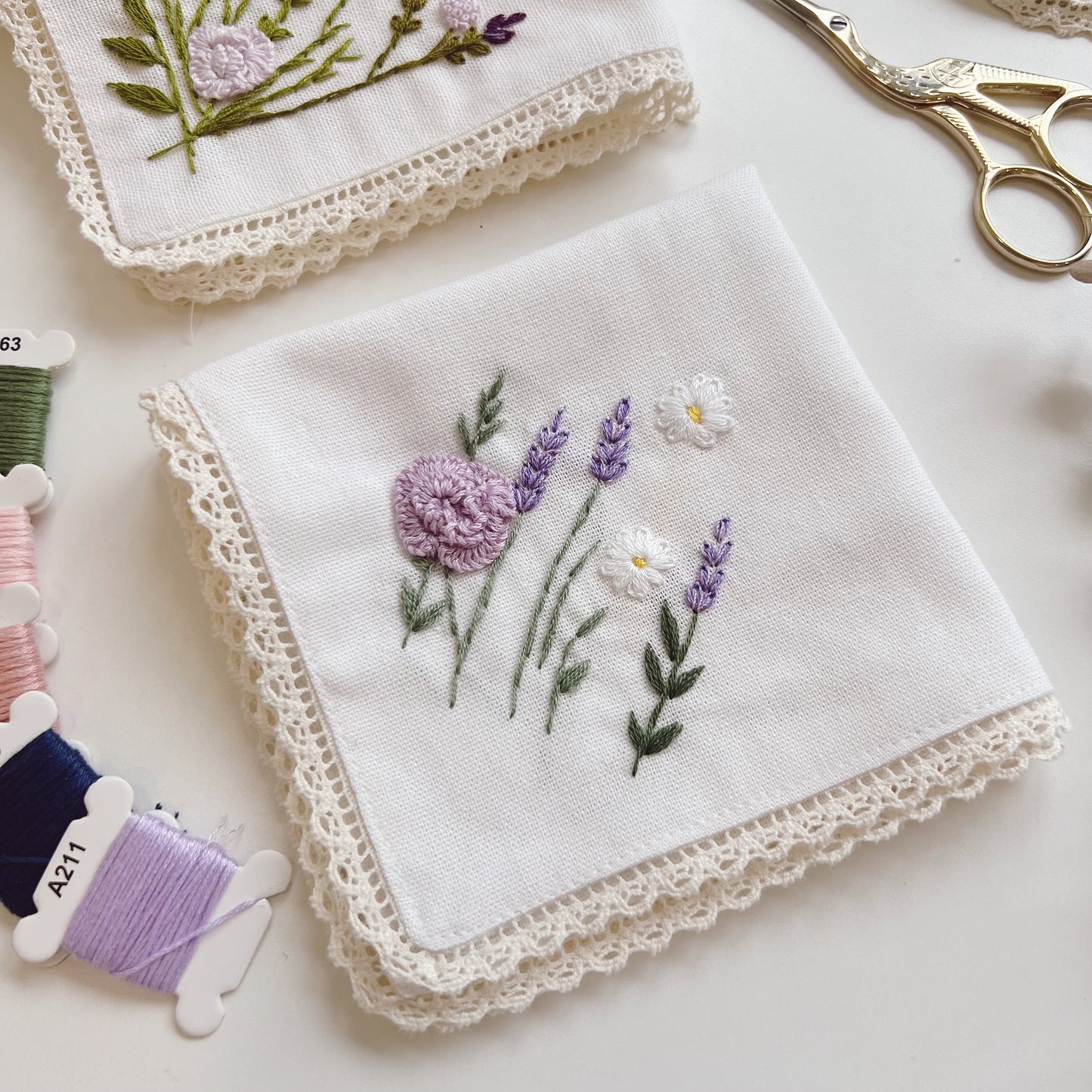 Purple Lavenders Wild Flowers Wedding Handkerchief, Custom Embroidered Handkerchief, Linen Handkerchiefs
