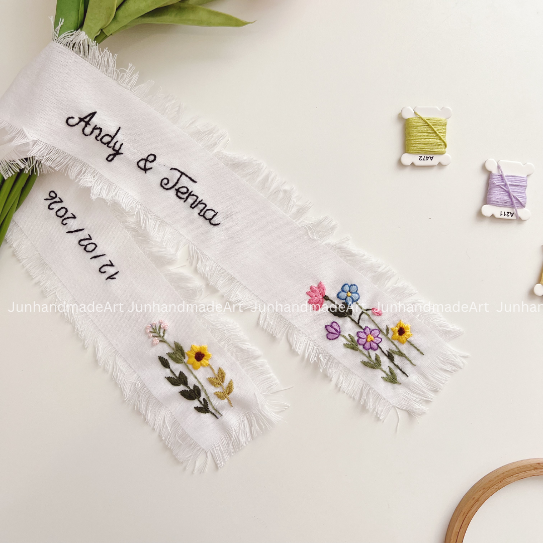 Beautiful Garden Embroidered Wedding Ribbon – Custom Linen Tie for Bouquet or Hair, Hand-stitched with Names & Date, Bridal Keepsake Gift