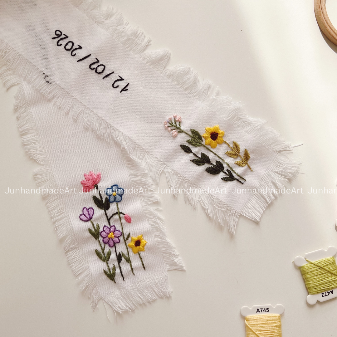 Beautiful Garden Embroidered Wedding Ribbon – Custom Linen Tie for Bouquet or Hair, Hand-stitched with Names & Date, Bridal Keepsake Gift