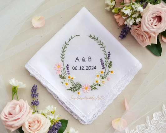 Embroidered Wedding Handkerchief – Custom Floral Hankie for Bride, Bridal Gift, Personalized with Name & Date, Gift for Bride