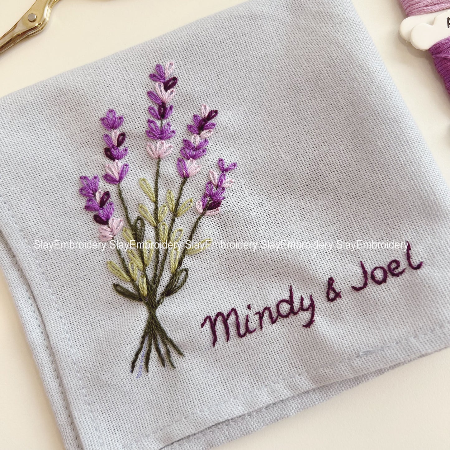 Purple Lavenders Wild Flowers Wedding Handkerchief, Custom Embroidered Handkerchief, Linen Handkerchiefs