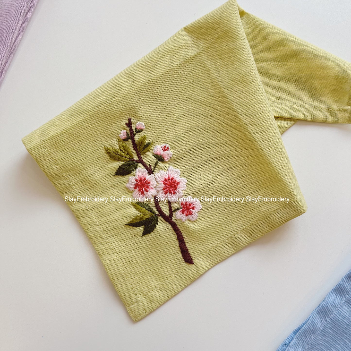 Cherry Blossoms Flowers Wedding Handkerchief, Custom Embroidered Handkerchief, Linen Handkerchiefs