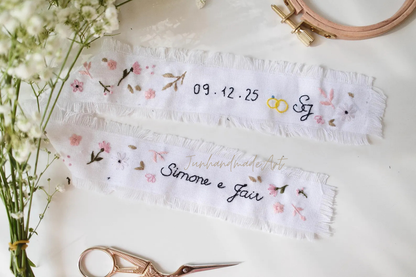 Personalized Embroidered Wedding Ribbon – Custom Linen Tie for Bouquet or Hair, Hand-stitched with Names & Date, Bridal Keepsake Gift