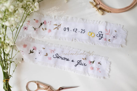 Personalized Embroidered Wedding Ribbon – Custom Linen Tie for Bouquet or Hair, Hand-stitched with Names & Date, Bridal Keepsake Gift