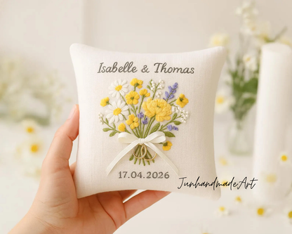 Personalized Embroidered Ring Bearer Pillow, Custom Linen Wedding Cushion, Hand Embroidery Ring Holder, Floral Ring Pillow, Wedding Gift