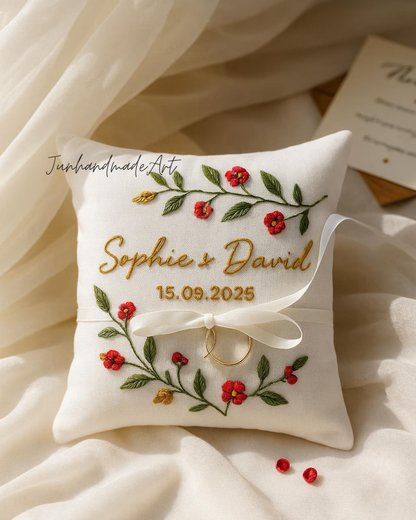 Personalized Embroidered Ring Bearer Pillow, Custom Linen Wedding Cushion, Hand Embroidery Ring Holder, Floral Ring Pillow, Wedding Gift