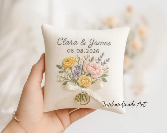 Personalized Embroidered Ring Bearer Pillow, Custom Linen Wedding Cushion, Hand Embroidery Ring Holder, Floral Ring Pillow, Wedding Gift