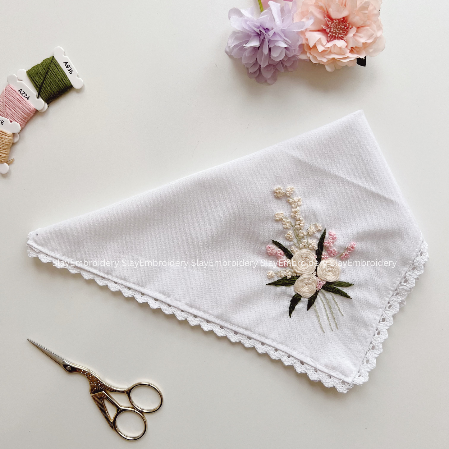 Rose Wedding Handkerchief, Custom Embroidered Handkerchief, Linen Handkerchiefs