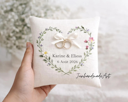 Personalized Valentine Ring Bearer Pillow – Embroidered Wedding Gift with Couple's Names & Date, Wedding Ring Pillow