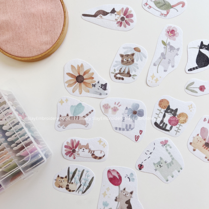 Cat & Flower Embroidery Pattern For Beginner Easy To Use Stick and Stitch