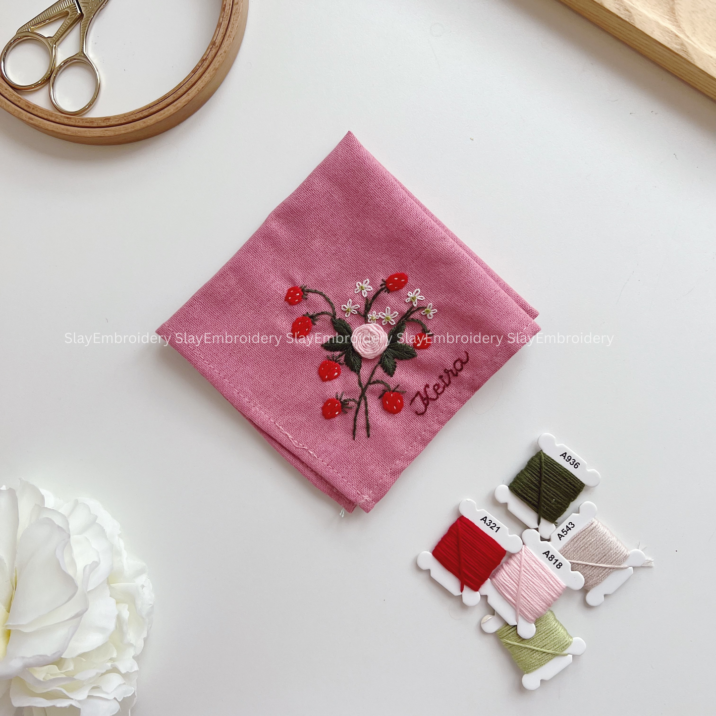Strawberry Field Wedding Handkerchief, Custom Embroidered Handkerchief