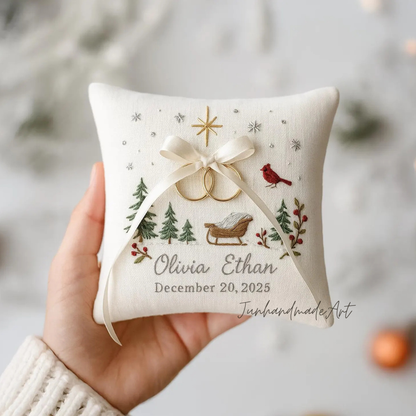 Personalized Embroidered Ring Bearer Pillow, Christmas Linen Wedding Cushion, Hand Embroidery Ring Holder Floral Ring Pillow, Christmas Gift