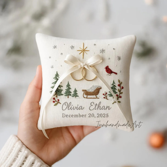 Personalized Embroidered Ring Bearer Pillow, Christmas Linen Wedding Cushion, Hand Embroidery Ring Holder Floral Ring Pillow, Christmas Gift