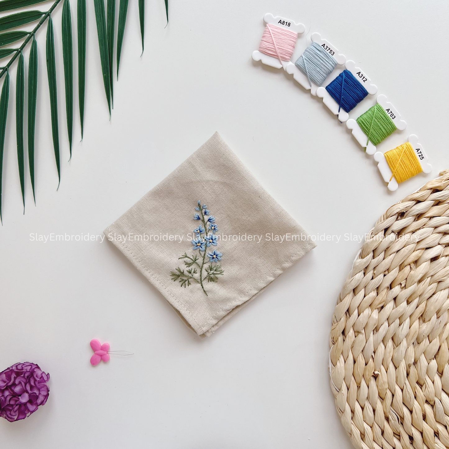 Forget Me Not Flowers Embroidery Handkerchief, Custom Embroidered Handkerchief