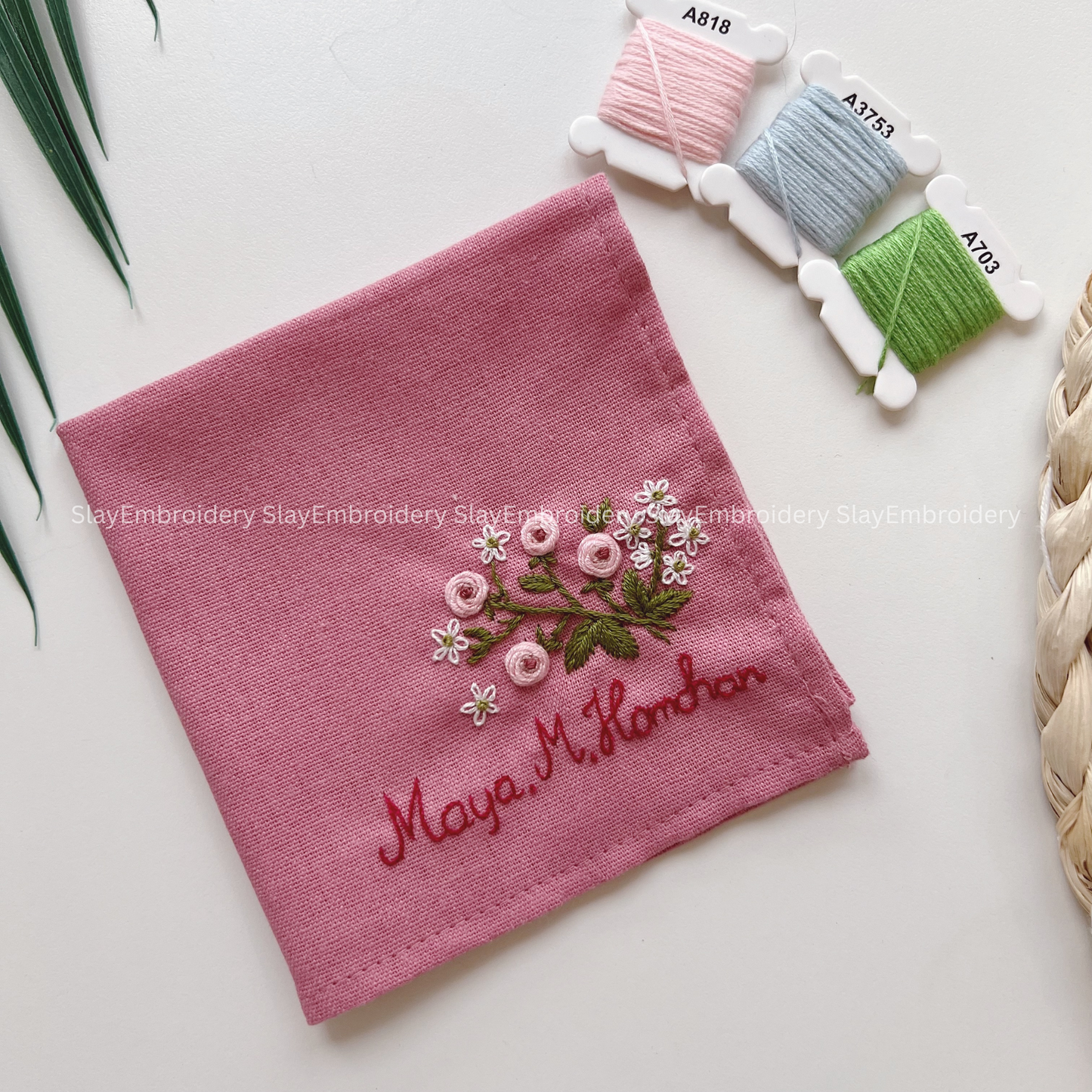 Daisy Pink Roses Wedding Handkerchief, Custom Embroidered Handkerchief