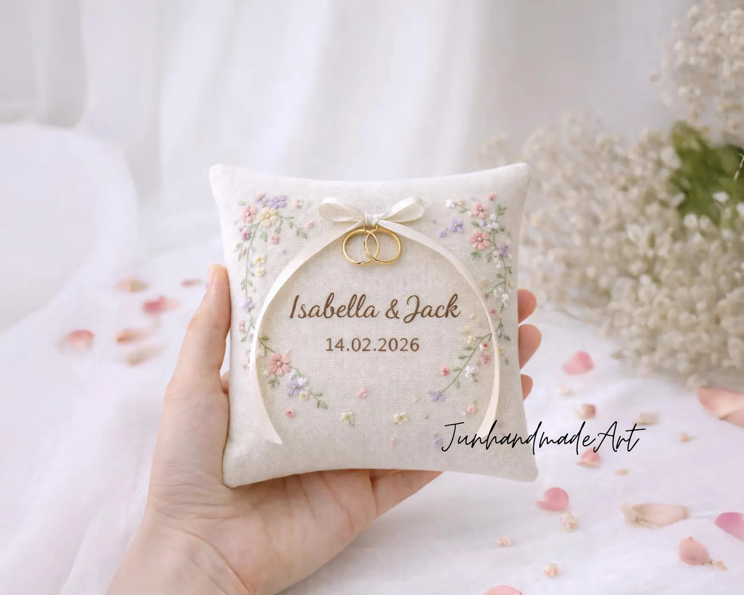 Valentine Gift for Couple – Personalized Wedding Ring Pillow with Names & Date, Hand-Embroidered Keepsake Wedding Ring Pillow