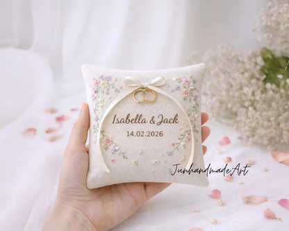 Valentine Gift for Couple – Personalized Wedding Ring Pillow with Names & Date, Hand-Embroidered Keepsake Wedding Ring Pillow